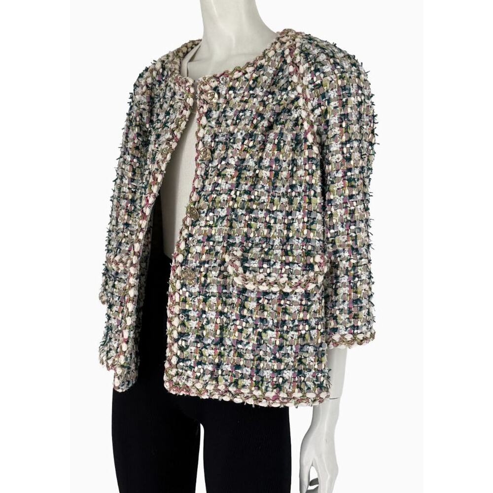 Chanel Fantasy Tweed Jacket Coat Size 50 Multicolor Silk Lined Owl Buttons - Picture 2 of 16